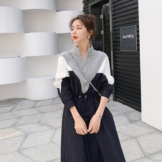 【取寄：納期2週間】ワンピース アノラック ハイジップアップ 配色ワンピース レディース ロング丈 カジュアル おしゃれ ワンピース ゆったり 体型カバー 大きいサイズ ワンピース アノラック