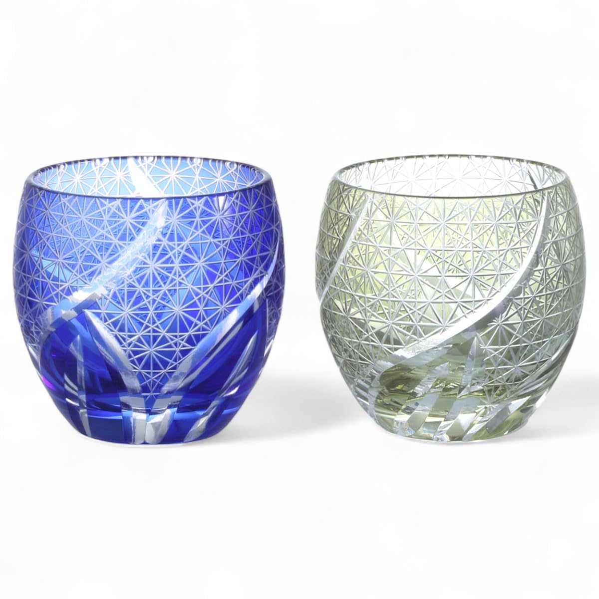 J-kitchens 水影 切子 ペア エッグ型 グラス カップ 冷酒 盃 Φ5.5×5.9cm 100cc 乱彫小紋 ブルー & グリーン 美匠 Current Model