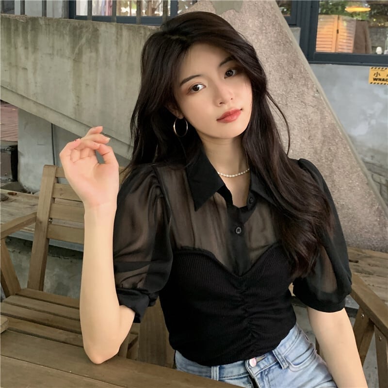 トップス ブラウス 袖あり 半袖 パフスリーブ 襟付き シフォン 切り替えデザイン かわいい 大人可愛い きれいめ シンプル カジュアル 大人 上品 おしゃれ お洒落 レトロ 大人可愛い wto000