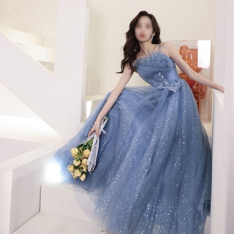 イブニングドレス2024夏成人式エレガントな気質プリンセスドレス芸術試験ホストサスペンダードレス女性