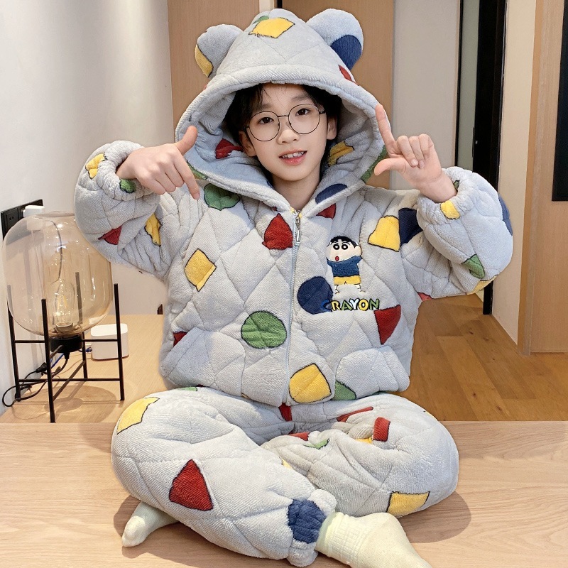 男の子用パジャマ冬2024厚手3段綿挟み子供用男の子サンゴ絨毯青少年用大童セット