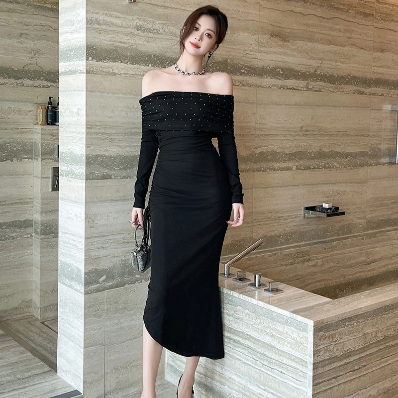 【急速出荷】秋新品 オフショルダー ベアワンピ ロング タイト ドレス パーティー キャバ 大人 同窓会 披露宴 卒業式 結婚式 演奏会 ウェディング 二次会 メガ割