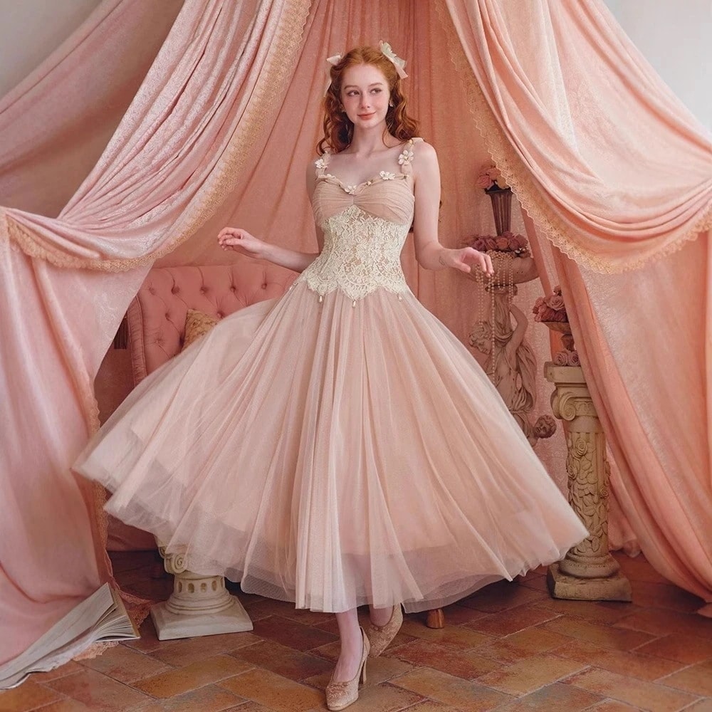 フレンチ レース ピンク コルセット ストラップ サマードレスプリンセス忘年会 ウェディング パーティー 成人式 二次会 お呼ばれ 同窓会