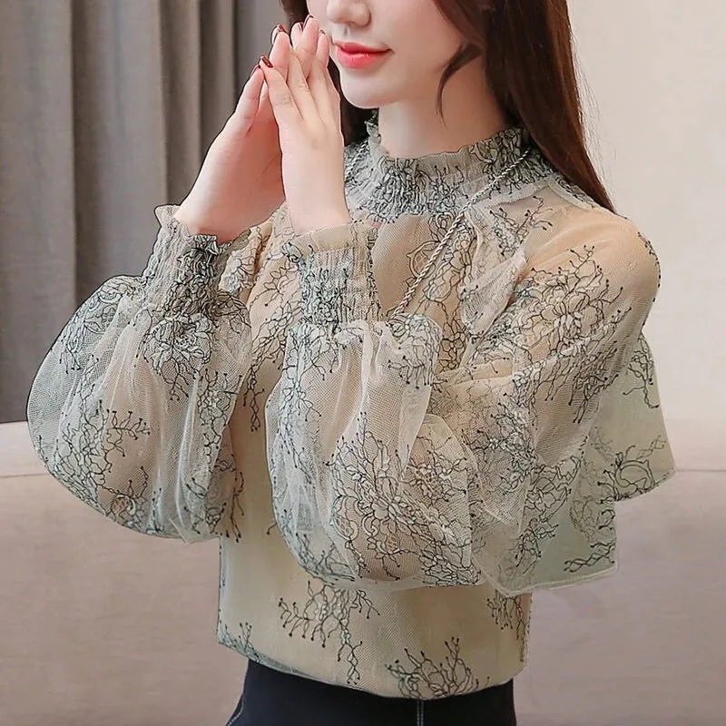 レースシャツボトミングスモールシャツレディース春韓版風ファッション長袖シフォンシャツトップフリル