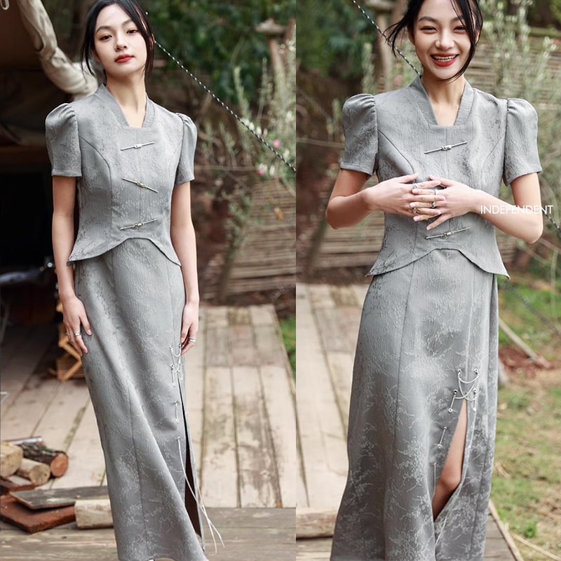 チャイナ風ワンピース ロング 半袖 夏 グレー 重ね着風ワンピース ジャガード パフスリーブ 改良チャイナドレス スリットワンピース