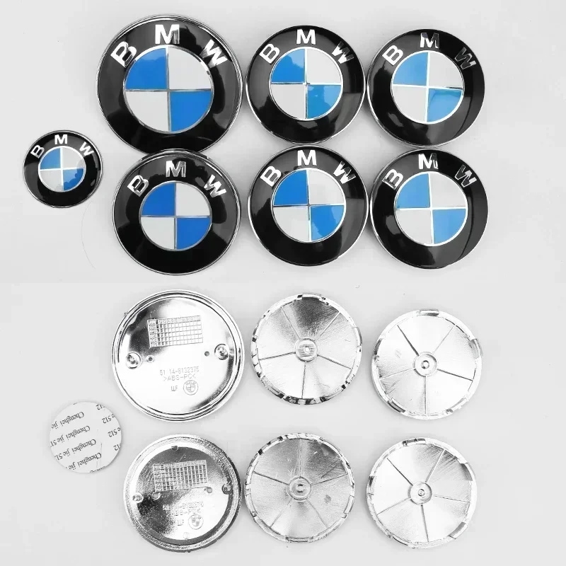 7ピース フロントボンネットエンブレム 50周年記念ロゴ 82mm+リアバッジ 74mm+ホイールハブキャップ 68mm デコレーションカバー スタイリング BMW M用 輸入品