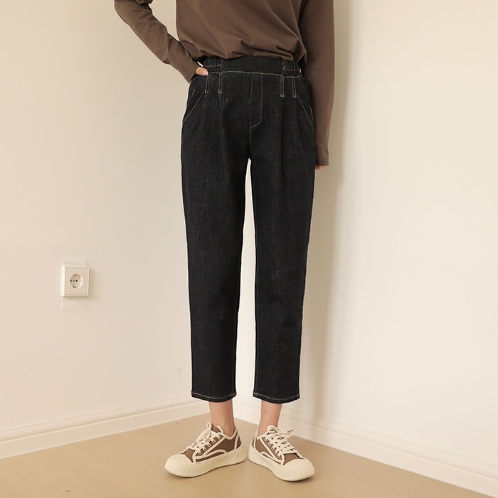 [韓国ファッション] ウエストゴム ダブルタック ステッチ テーパードデニムパンツ