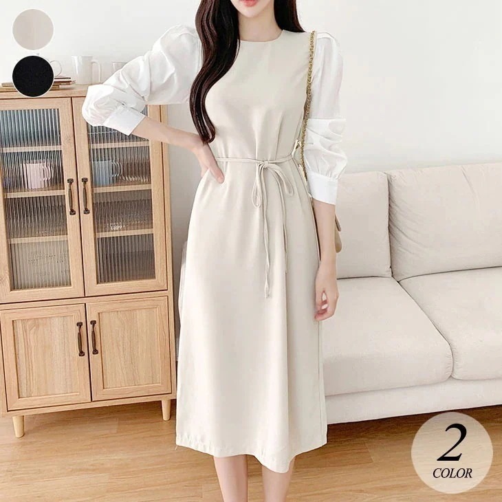 ドッキング ワンピース ミモレ レディース 長袖 シャツ レイヤード風 重ね着風 クルーネック タイト スレンダー 後ろスリット 膝丈 切替え 大きめ 可愛いフェミニン きれいめ シンプル 大人可愛い 4,261円