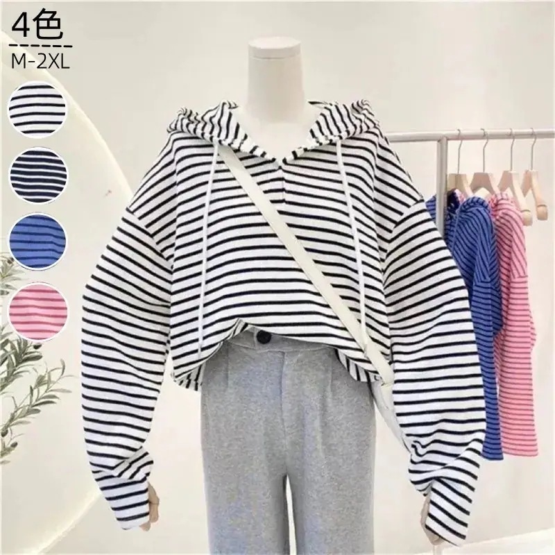 出荷が早いパーカー レディース 春 韓国ファッション レトロストライプ 長袖トップス ゆったり百掛け カジュアル着痩せ 長袖 Tシャツ