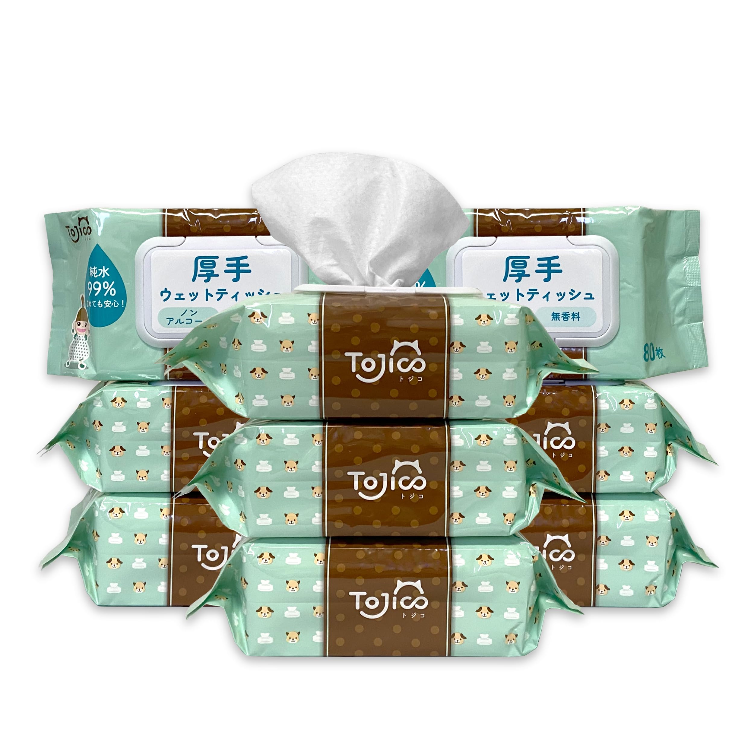 トジコ ペット ウェットティッシュ 厚手 大判 おしりふき 足拭きシート 犬 猫 小動物 ノンアルコール 無香料 純水 99％ 舐めても安心 ふた付き 80枚×9個 720枚入