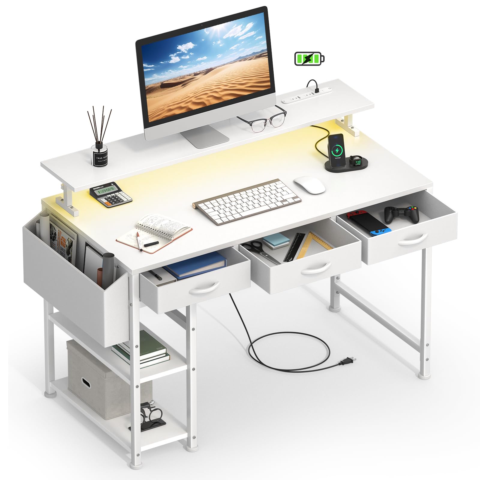 パソコンデスク ゲーミングデスク 幅120cm 収納付き 引き出し/ラック付き 4段階モニター台付き コンセント付き pcデスク オフィスデスク ワークデスク computer d 70428