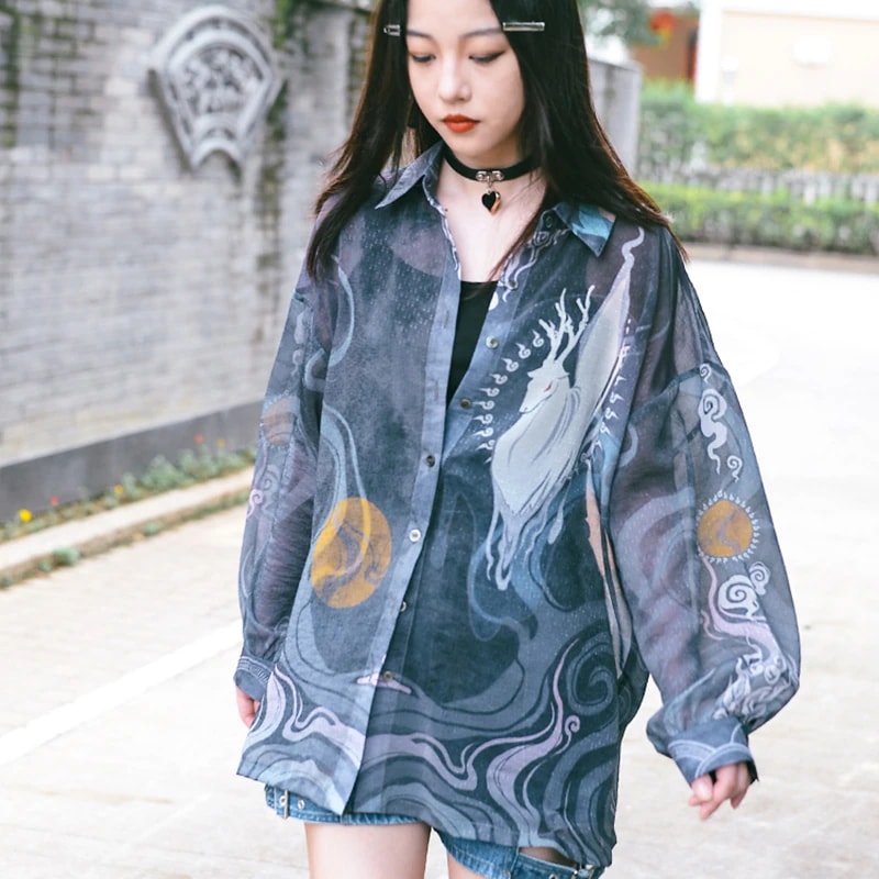 【快速出荷】チャイナ風シャツ 柄シャツ uvカット プリントシャツ レディース シフォン 紫外線対策 九色鹿