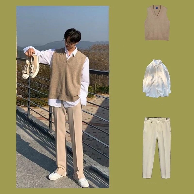 セットアップ メンズ セーターベスト+長袖シャツ+カジュアルパンツ 通勤 上下3点セット 4,904円