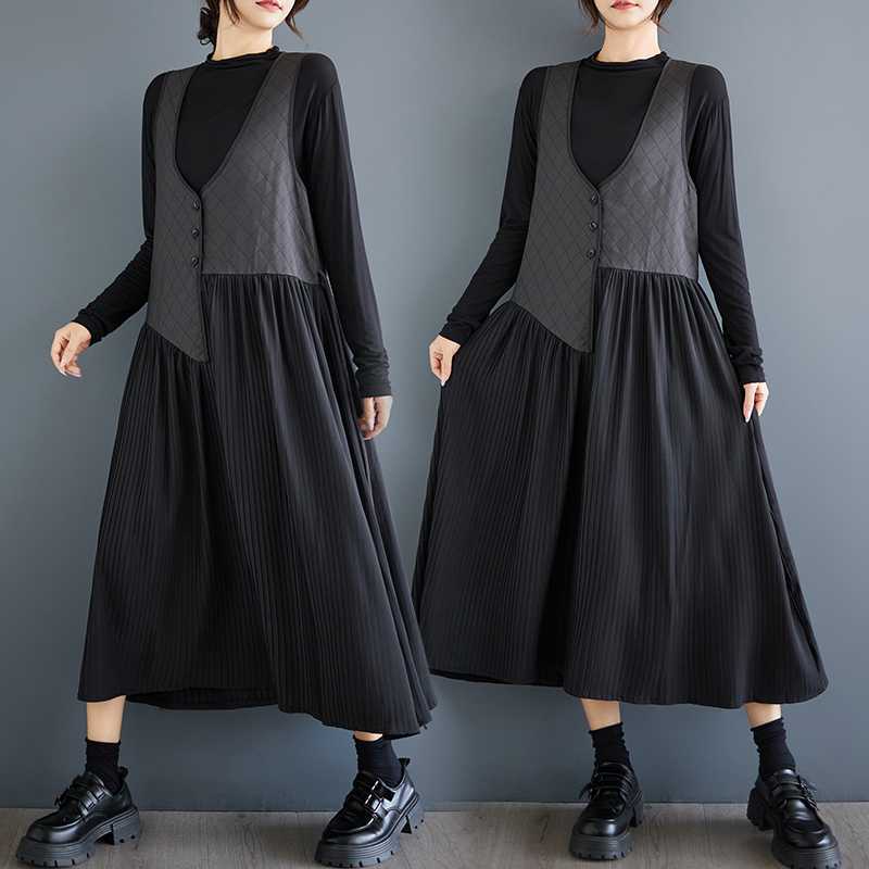 「ファットガール」 2024秋新品 ノースリーブワンピース ベストワンピ 体型カバー 大きいサイズ vネック レディース 袖なし ドッキング キャミワンピース メガ割 5,204円