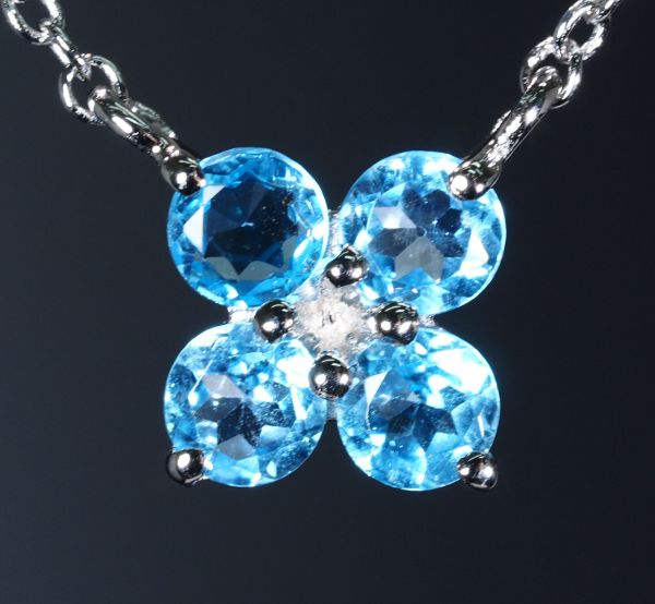 天然 ブルー トパーズ ネックレス 四つ葉 クローバー 花 (刻印有 No.70-15 プ