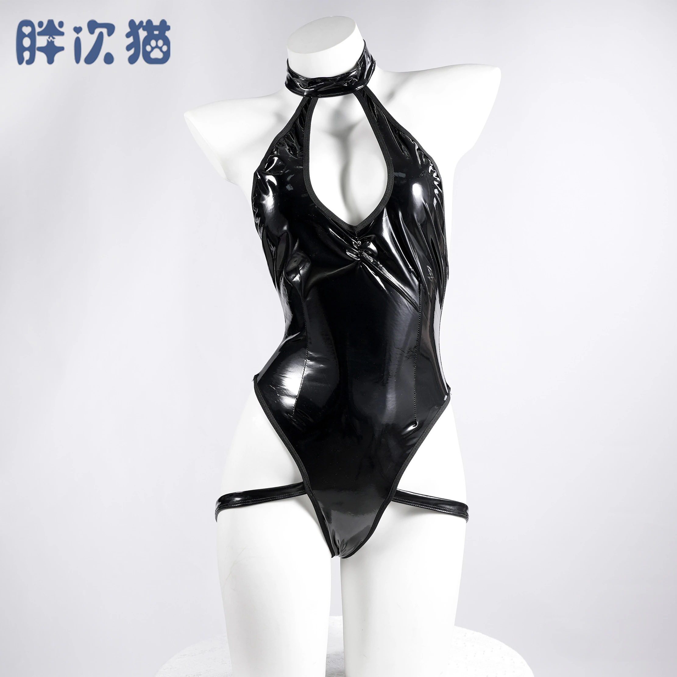 光沢パテントレザーローカットウェットバックレスホルターネックワンピースハイカットスリム水着パジャマ女性用期間限定30%