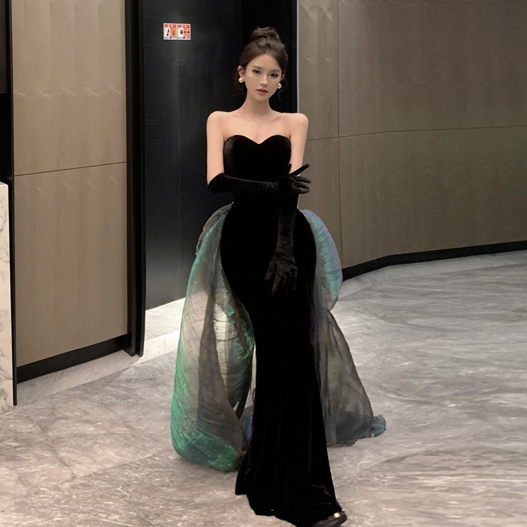 ブラックベルベットストラップレスボウドレスバースデーパーティーステージパフォーマンス年次パフォーマンスホストウェディングドレス