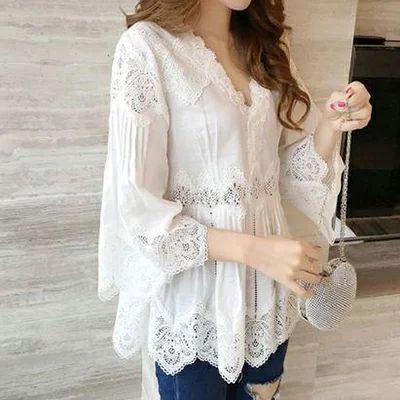トップス レディース きれいめ カジュアル おしゃれ 袖あり レース コットン ブラウス ホワイト シャツ 白 綿 涼しげ 薄手 カットソー 七分袖 半袖 上品 韓国 コーデ 春 夏 秋 20代 3 6,246円