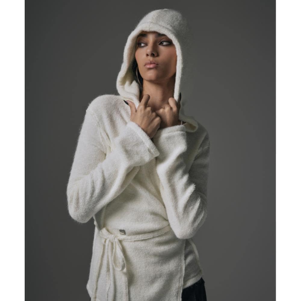 TREEMINGBIRD Terry Boucle Hoodie Wrap Cardigan Ivory T
