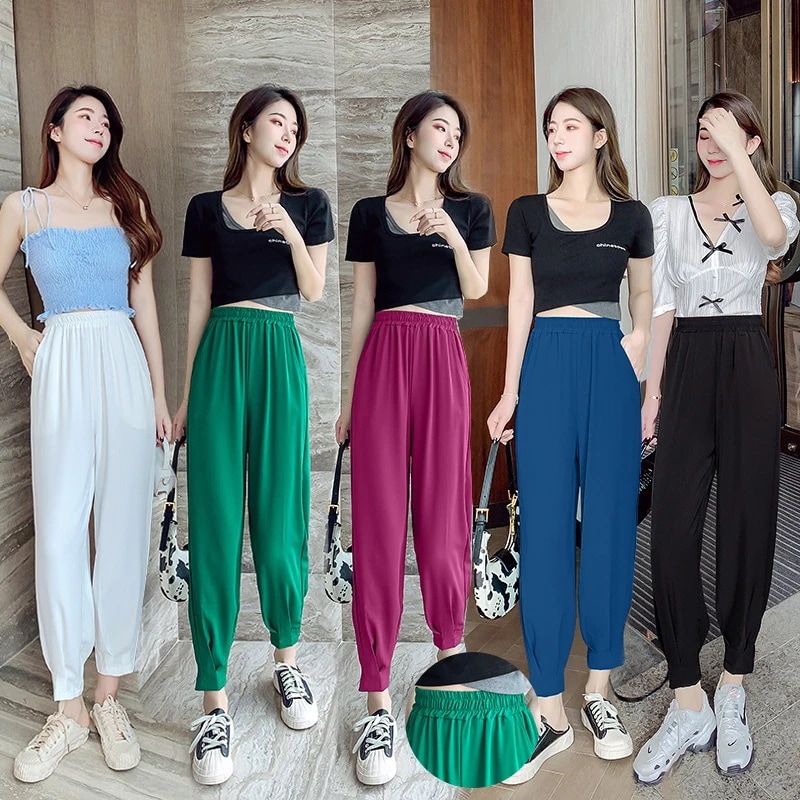 ゆったり垂れ下がり感のある9分足薄手シフォンパンツハーレム楽ちんウエストゴムパンツテーパードパンツジョガーパンツ 5,546円
