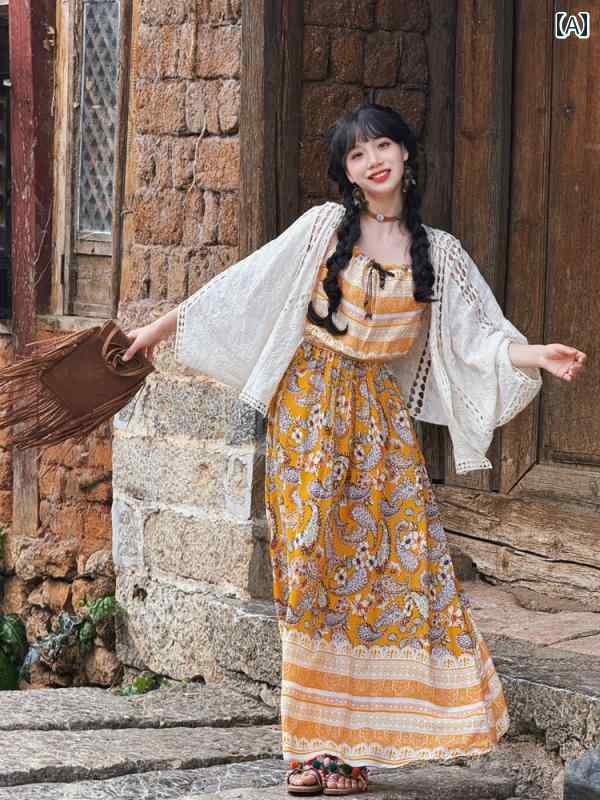 ワンピース 大人 リゾート レディース エスニック コットン レトロ フローラル プリント サスペンダー ホリデー ドレス 夏 スタイル かわいい