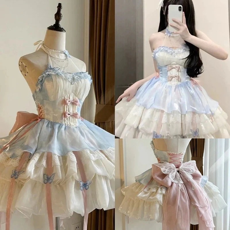 「Y.D」ロリータドレス 「愛神の約」お姫様 ドールスカート ホルターネック 蝶結び飾り ワンピース 正品 JSK コスプレ30%までに制限