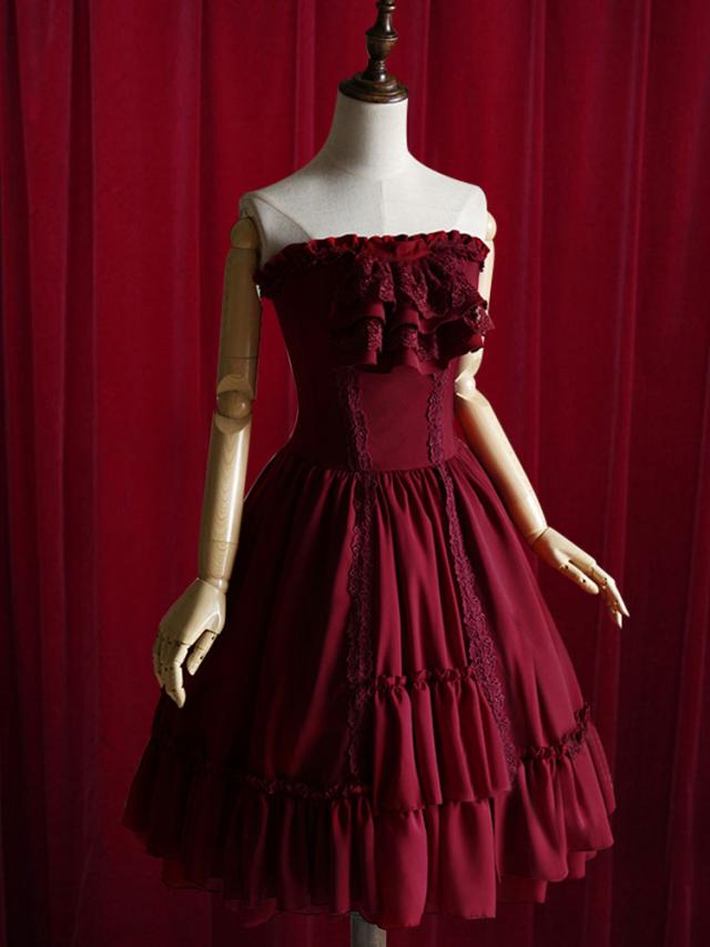 【短納期】コルセット　シャーリング　レトロ　コットン　パーティー　ワインレッド