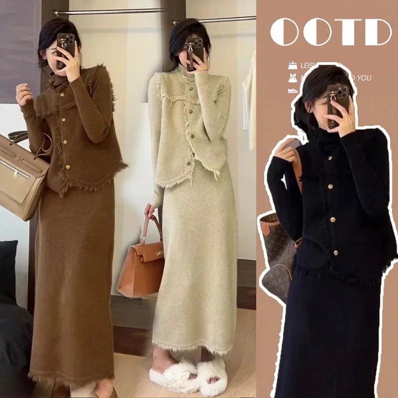 人気なリプニット二点セット秋春作セーターおしゃれ気質レディースセットアップカジュアルゆったり通勤ニットアウターワンピース+ベスト