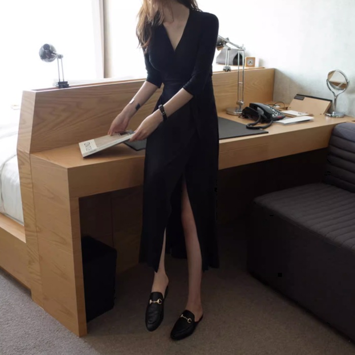 ワンピース ロング ロング丈 袖あり 7分袖 七分袖 カシュクール 襟なし セミフレア Aライン ウエストリボン スリット サイドスリット ハイウエスト かわいい 大人可愛い きれいめ シンプル 大人