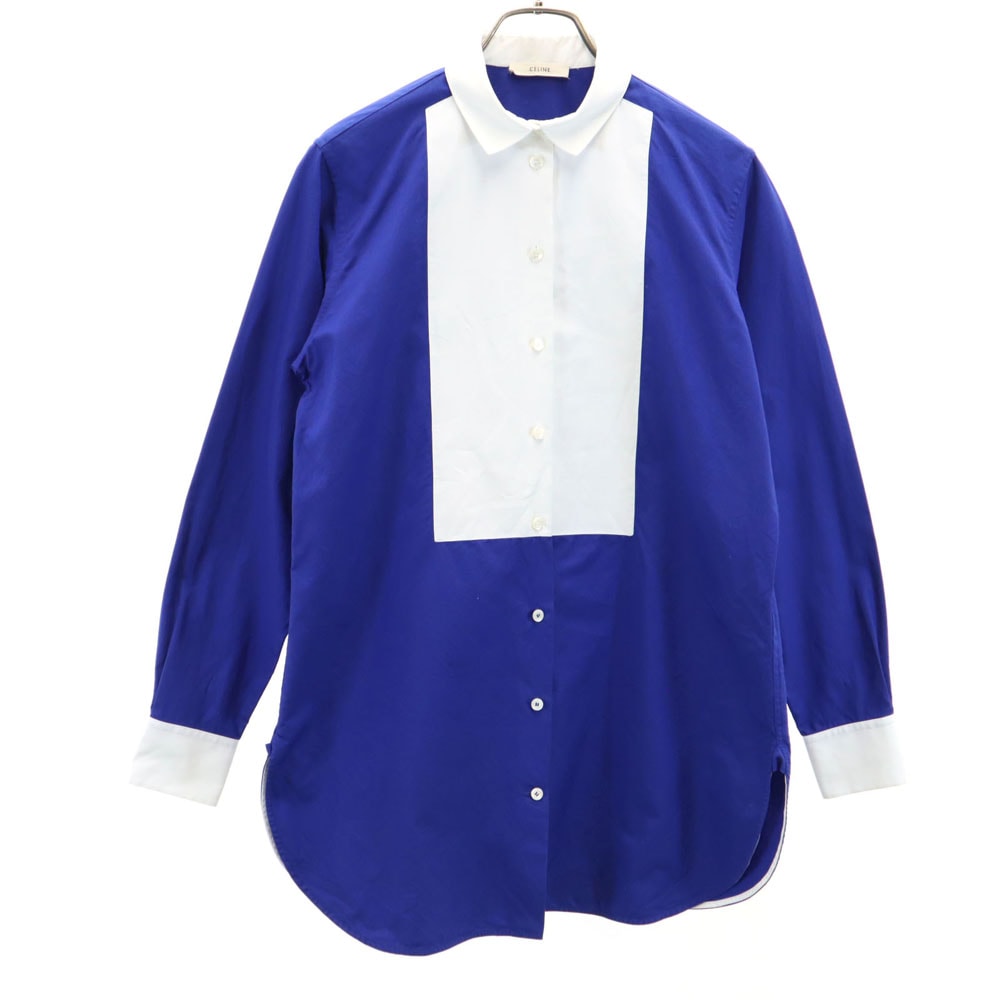 長袖 切替 コットンシャツ 36 ブルー×ホワイト レディース