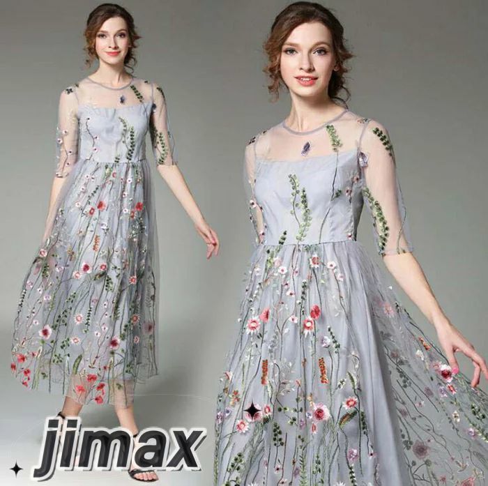 パーティードレス ミモレ丈 花柄刺繍ワンピース　20代 30代 40代　袖あり　パーティードレス レディース 結婚式 ミモレ丈 ワンピース　結婚式 二次会 謝恩会 成人式 同窓会 フォーマルドレス お