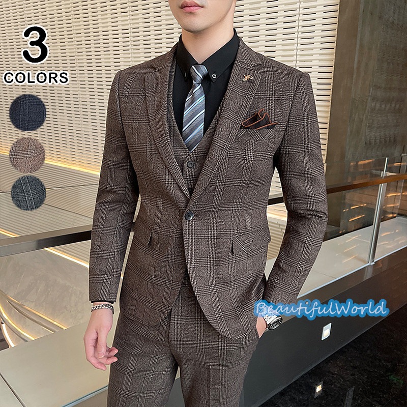 スーツ メンズ ビジネススーツ 3ピーススーツ スーツセットアップ カジュアルスーツチェック柄 フォーマルスーツ 洗える 紳士服 通勤 結婚式X16 7,033円