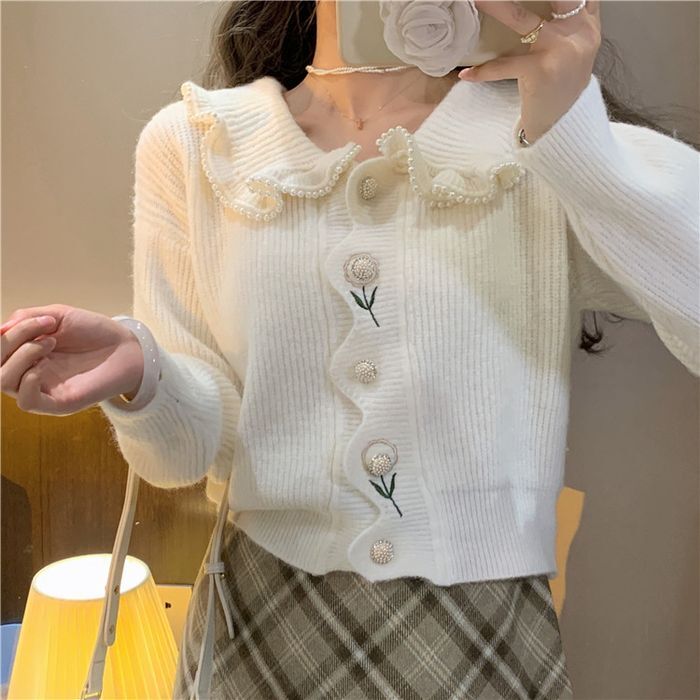 トップス ニットソー セーター カーディガン パール 袖あり 長袖 リブニット ダンボールニット ボタン装飾 フラワーモチーフ スカラップ 襟 なみなみ お洒落 おしゃれ かわいい 大人可愛い
