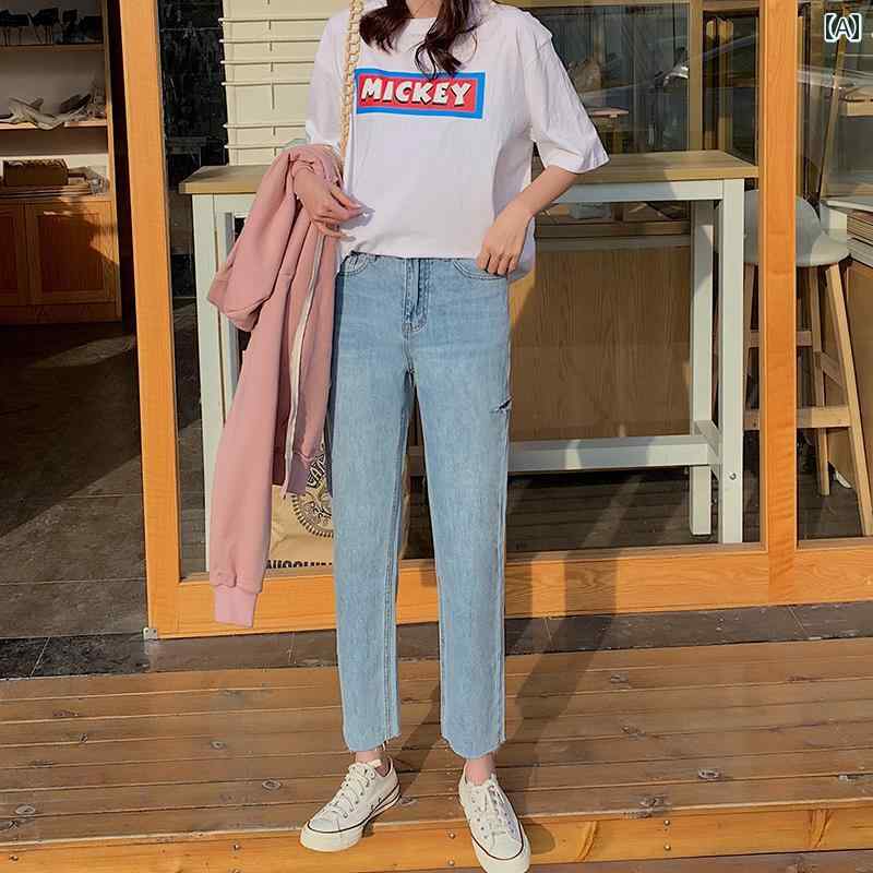 デニムパンツ レディース ダメージ ジーンズ クラッシュ ボトムス ハイウエスト 夏 薄手 ストレート パンツ 韓国 カジュアル ブルー