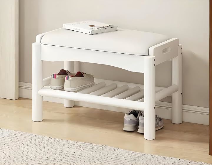 玄関ベンチ 木製 無垢材 北欧 天然木 シューズラック 収納ベンチ 玄関椅子 玄関スツール シューズボックス 靴収納 雑貨 家具(ホワイト, 60x30x40cm)