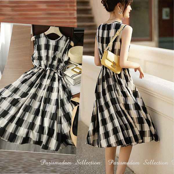 新品大人気 素敵プリントワンピース　格子柄　チェック　千鳥格子　ノースリーブ　ひざ丈　フレアスカートワンピース　お嬢様スタイル通勤通学20代30代40代50代60代【クリックポストで】