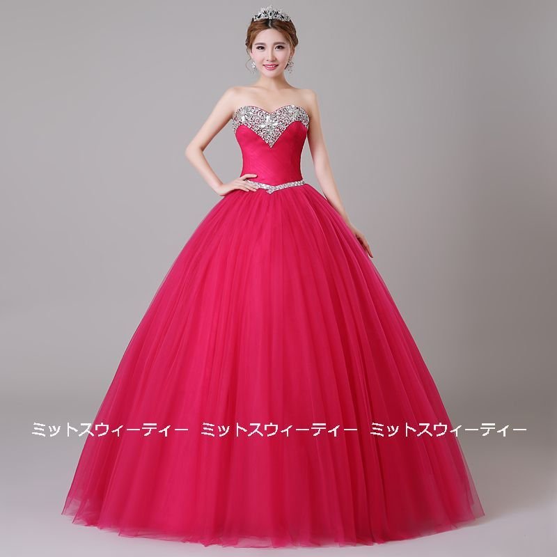 ステージ衣装 プリンセスラインドレス ローズピンク ビスチェ ラインストーン 演奏会用ドレス カラー