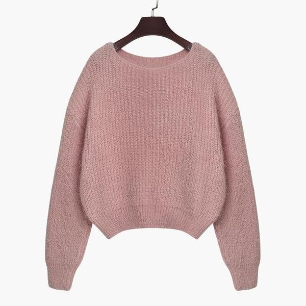 女性ボートネックニットルーズフィットリップニット