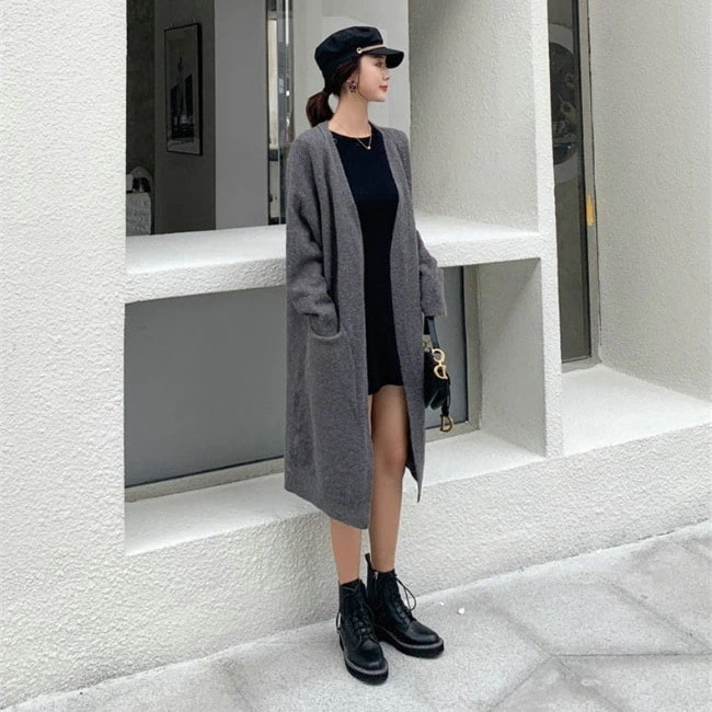 アウター レディース カーディガン ロング丈 長袖 ニット Iライン ストレート 前開き きれいめ ラフ こなれ感 春 秋 ママ マタニティ オフィス おでかけ 体型カバー レイヤード ２XL グレー