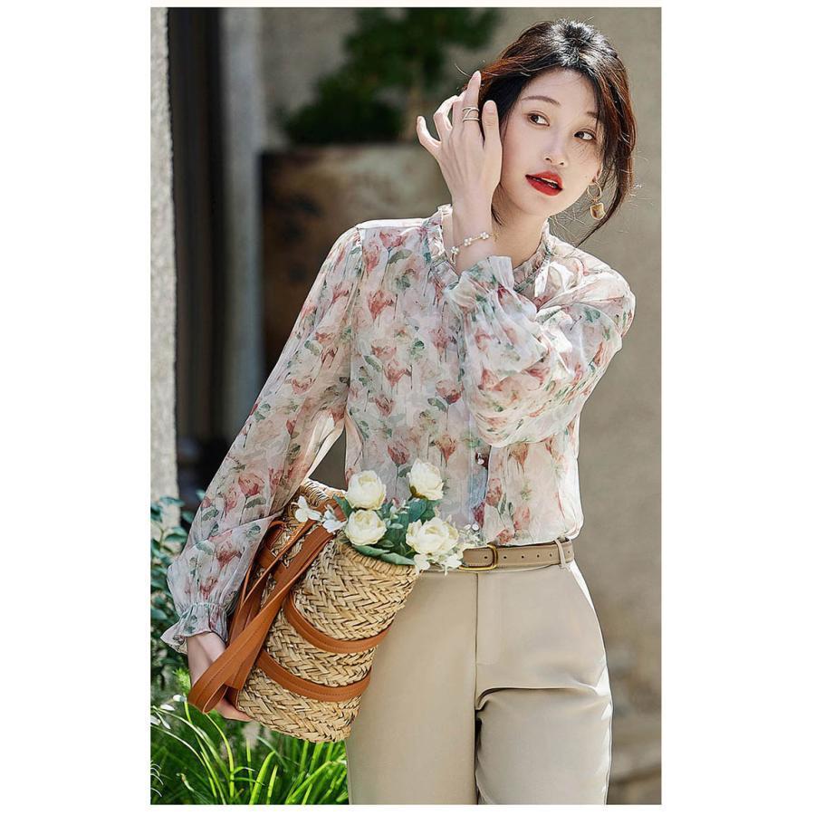 夏新作ブラウス レディース 長袖 花柄 襟フリル フレア袖 シャツブラウス 春 夏 オフィスカジュアル シャツブラウス トップス 大人 通勤 OL 30代 40代 50代 60代