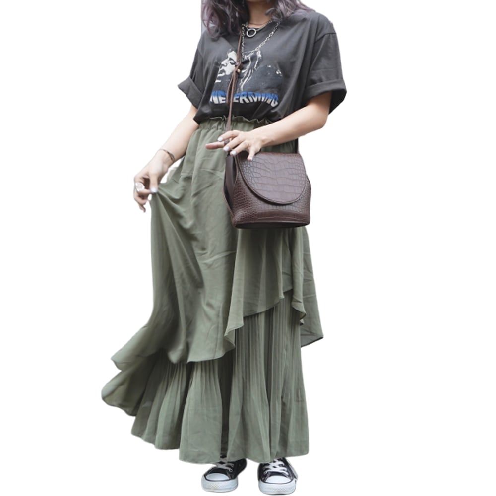 Irregular Hem Flare Long Skirt（green tea） A,D,G レディース ボトムス
