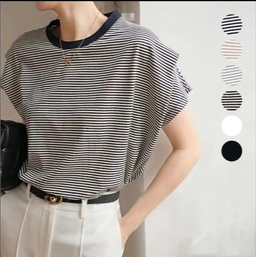 日系婦人服の新肩袖デザイン感立体裁断ゆったりストライプ半袖コットンT