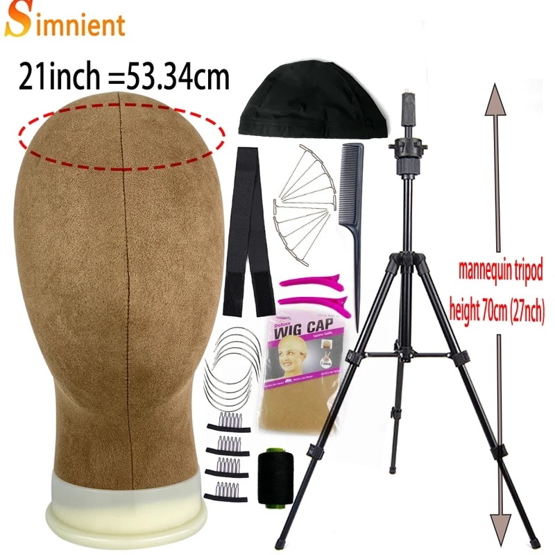 マネキンヘッド キャンバスブロック 調整可能なヘッド かつらディスプレイ用の三脚付き 21brown with 70cm