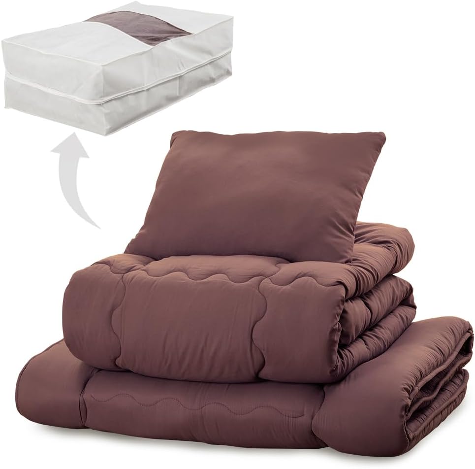 アイリスプラザ すぐ使える&洗える布団4点セット シングル 抗菌防臭 すっきり収納ケース付き しっとりなめらかピーチスキン加工 (掛け布団 敷布団 枕) ブラウン