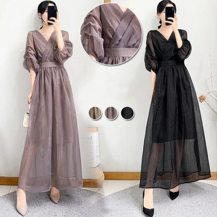 【今季注目】 エレガント スモッキング 無地 五分袖 ワンピース 袖あり ロング丈 体型カバー お呼ばれ パーティードレス