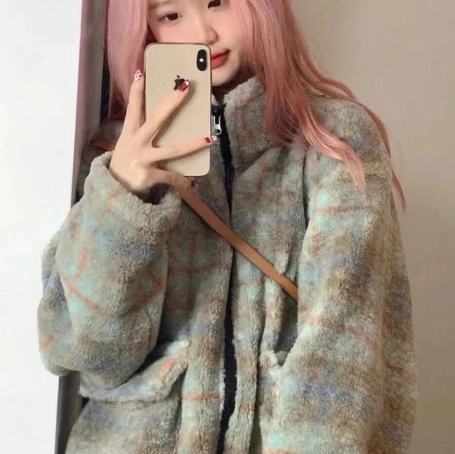 チェック柄 ラムウール風 オーバーサイズ ジャケット アウター ブルゾン ボア ハイネック スタンドネック ビッグシルエット ゆったり ふわふわ 暖かい 防寒 カジュアル 韓国ガーリー 韓国ストリート