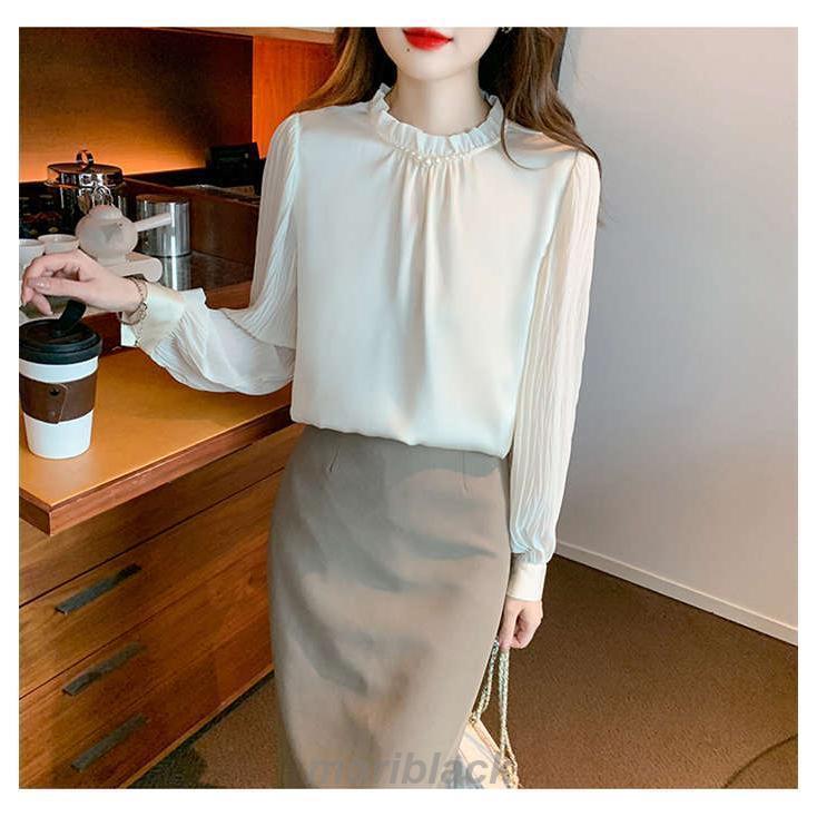 ブラウス レディース ハイネック シャツ 春 夏 秋 シフォン 無地 トップス 長袖 白シャツ フリル襟 プリーツ袖 フェミニン 着回し シンプル おしゃれ 大人 カジ