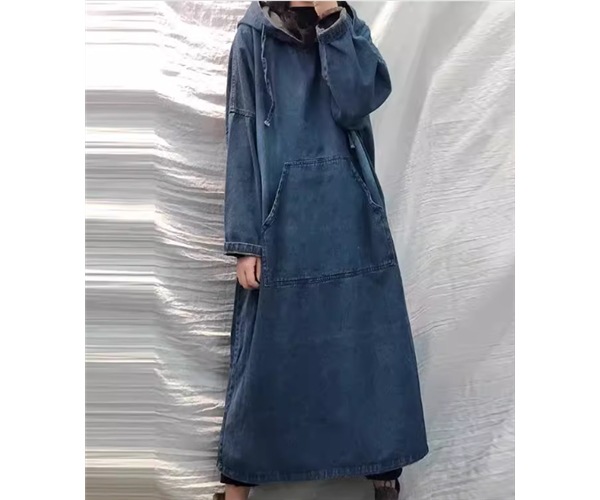 レディース ワンピース プルオーバー デニム デニムワンピース ロング 長袖 Aライン ポケット フード かわいい シンプル カジュアル おしゃれ レトロ ラフ ガーリー ルーズ ラブリー キュート