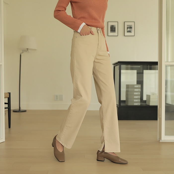 [韓国ファッション] 内側スリット入り ハイウエスト ワイドストレート コットンパンツ