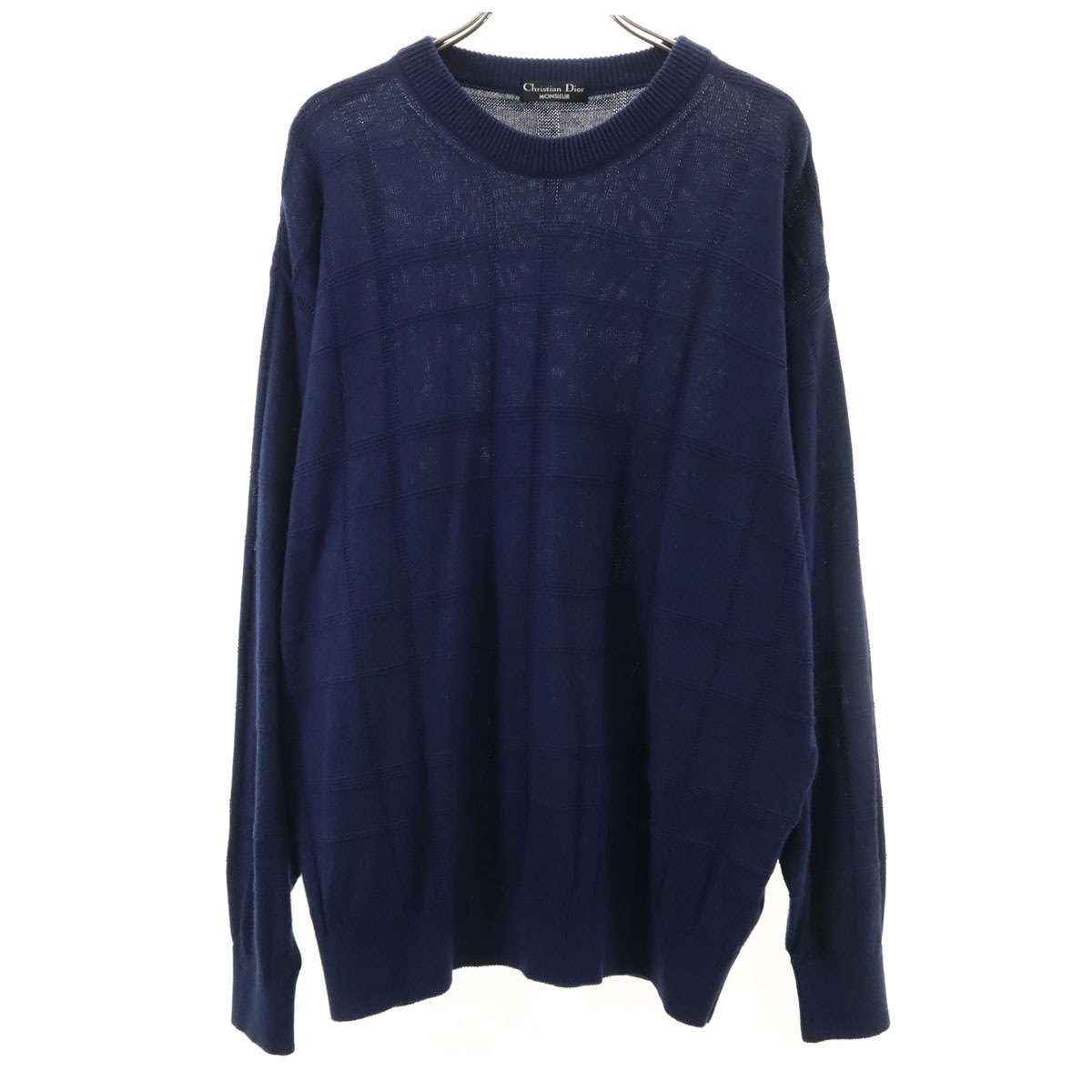 Christian Dior MONSIEUR クリスチャンディオール ムッシュ 90s オールド チェック柄 長袖 ニット L ネイビー セーター メンズ 古着